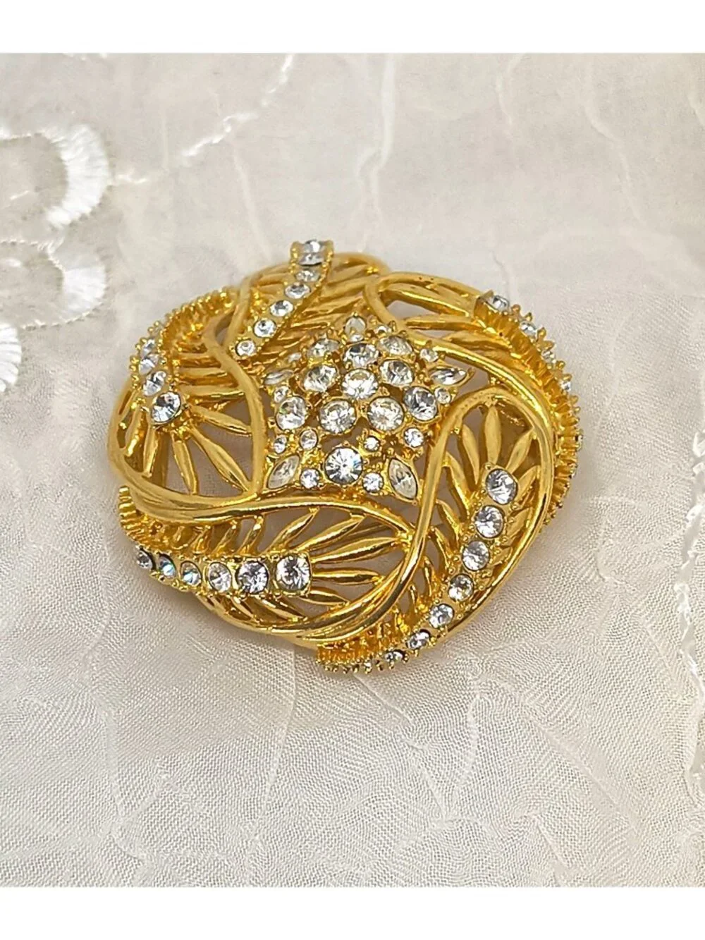 QVC Estate Style~ Crystal Rhinestone Leaf Domed Gold Tone Pin/Brooch Signed